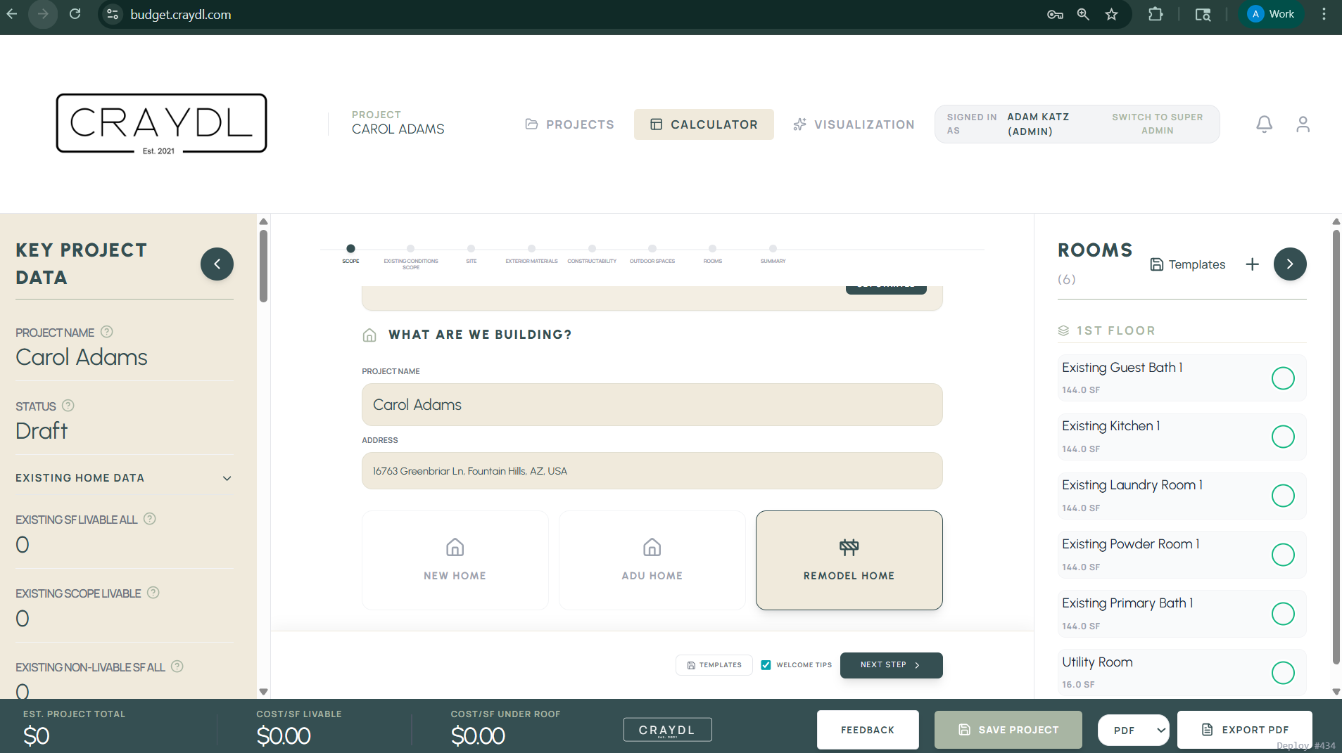 CRAYDL Q&A Wizard: project setup with room list, budget fields, and step-by-step questionnaire.
