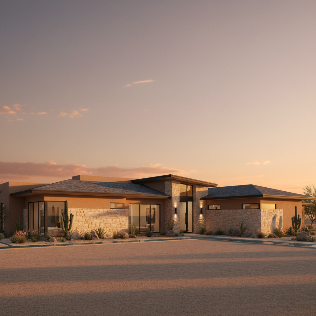 CRAYDL 3D exterior visualization of a luxury desert modern home at golden hour.