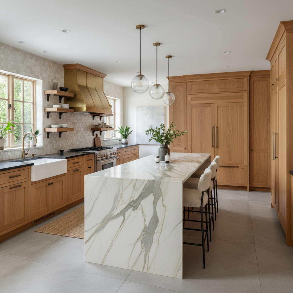 Luxury kitchen with marble waterfall island, oak cabinetry, and pendant lighting.